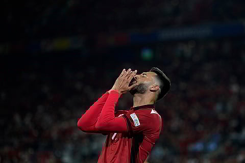 Albania's Armando Broja reacts